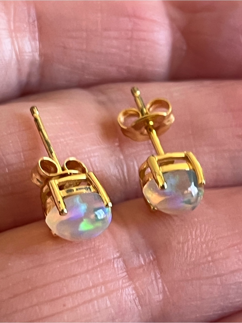 Gold Plated Opal Stud Earrings - Iridescent White Lab Grown Gemstone